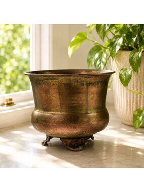 Vintage Solid Brass Rustic Planter Pot With Ornate Feet Made In India 5" Diamete